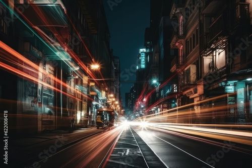 Night road in the city and moving rays of light  speed effect. AI generative.