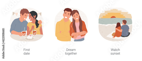 Teenage dating isolated cartoon vector illustration set. Teen couple having date in restaurant, boy and girl looking eye to eye, listening music and dreaming, teenagers watch sunset vector cartoon.