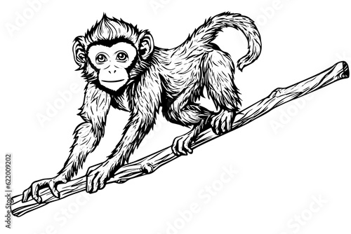 Monkey sitting on a branch. Ink sketch engraving vector illustration. photo