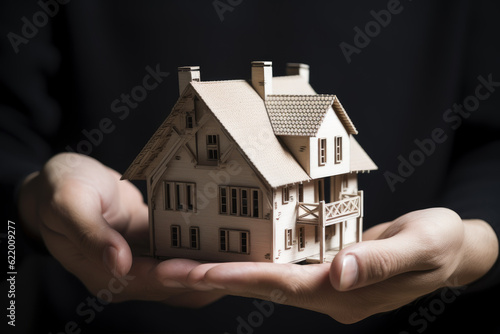 Small house model in human hands, mortgage and home protection concept, AI Generated