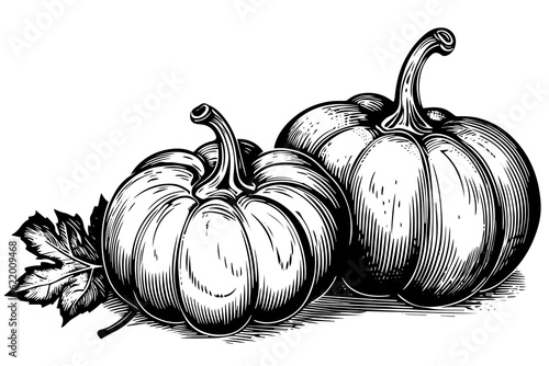 Ink sketch of pumpkin isolated on white background. Hand drawn vector illustration.