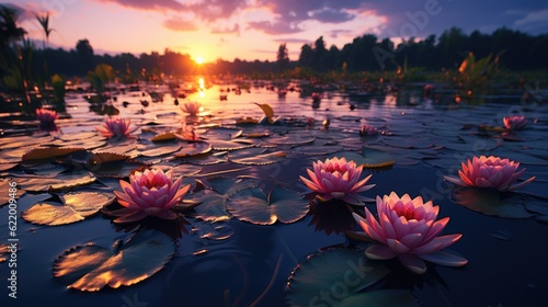 Photographie A group of water lillies floating on top of a lake