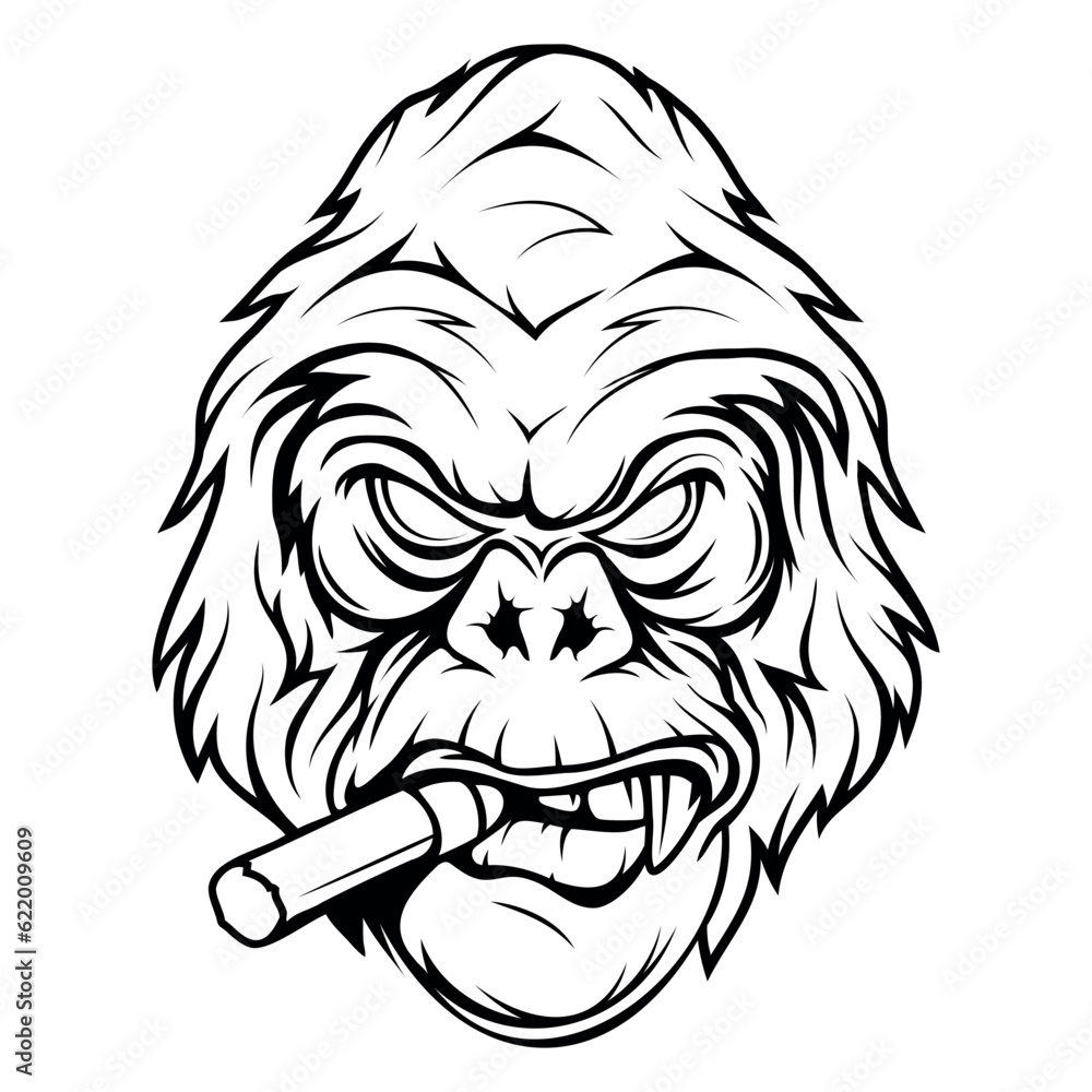 Gorilla with a cigar. Vector illustration of primates. Sketch of an angry gorilla head
