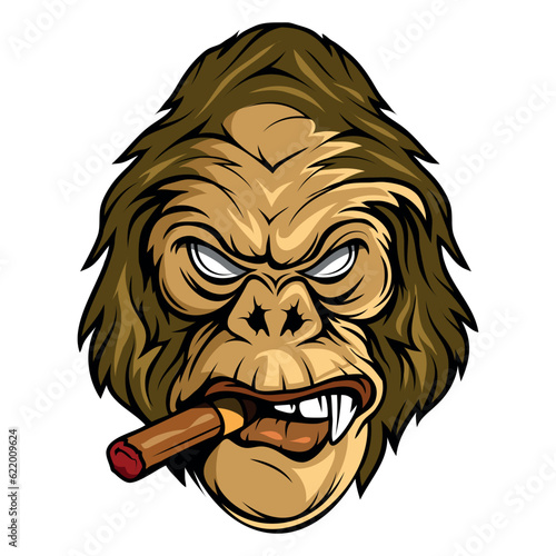 Gorilla with a cigar. Vector illustration of primates. Angry gorilla head