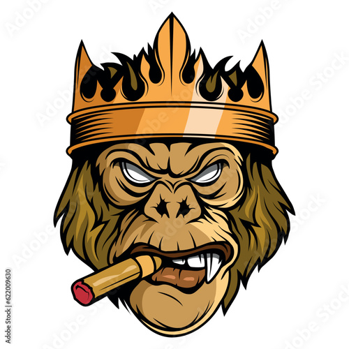 Gorilla in a crown and with a cigar. Vector illustration of primates. Angry gorilla head