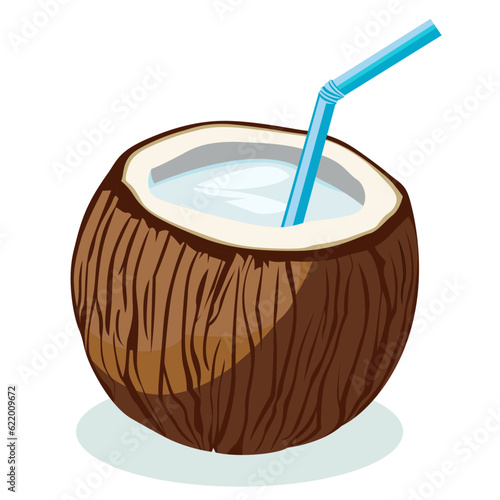 Coconut drink vector illustration, coconut with a straw , Diva drink , Half open coconut , coconut drink vector image