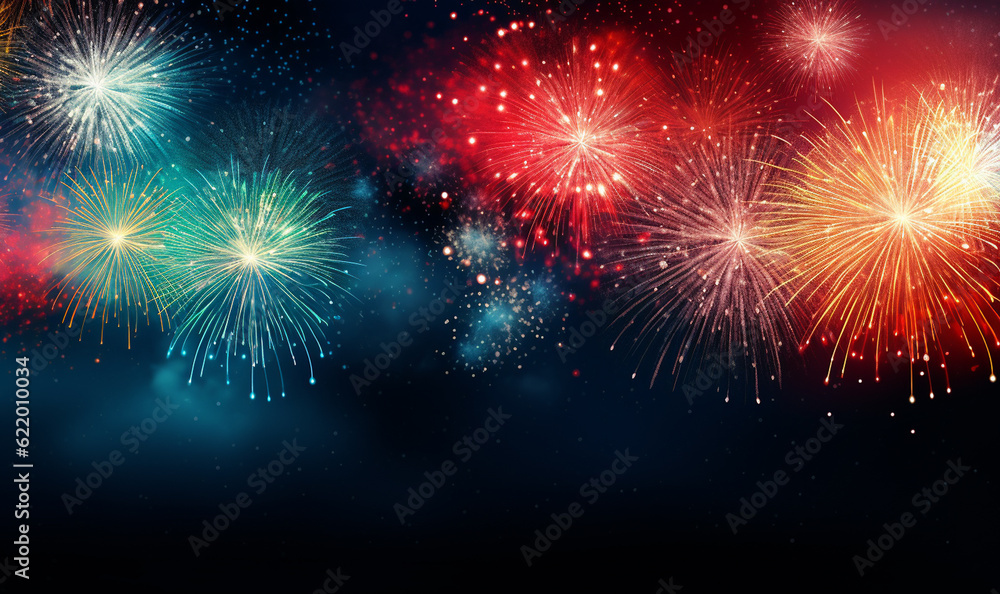 Happy New Year, Party, Celebration background.Colorful firework with bokeh background with copy space for New Year celebration, Abstract holiday background