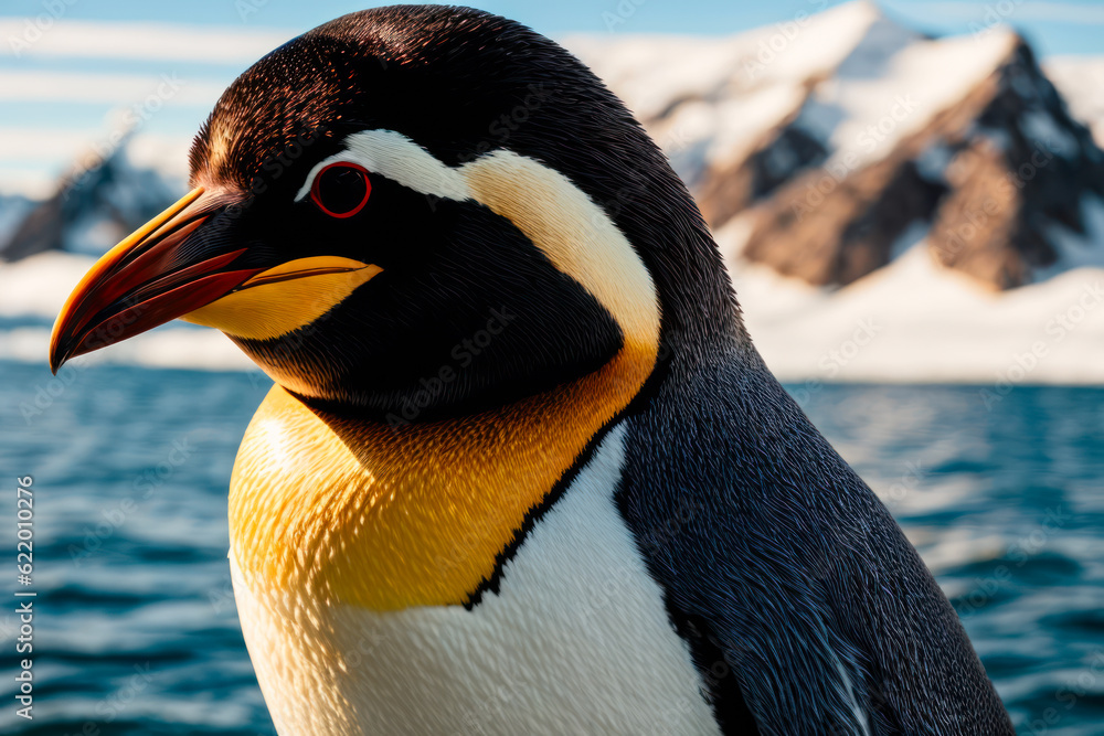 Naklejka premium Digital photo of funny fantastic Penguin on the luxury yacht on a sunny day in Antarctica. Wildlife imagery, the concept of ecological environment. Generative AI