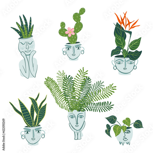 Set of potted houseplants. Cute green home decor, urban jungle, hygge concept. Flower pots with anthropomorphic faces.  Flat style vector illustration.
