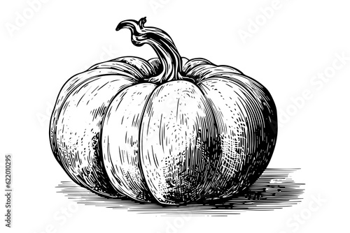 Ink sketch of pumpkin isolated on white background. Hand drawn vector illustration.