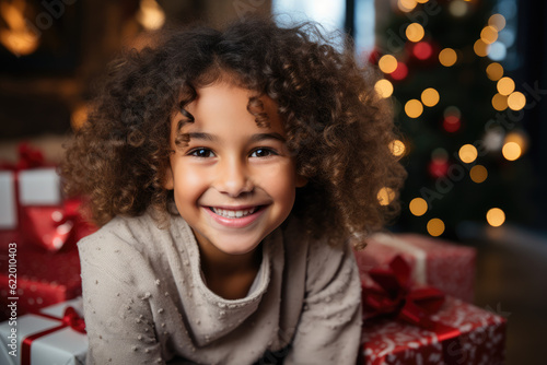 Radiant Joy. Child radiating happiness surrounded by Christmas gifts. Pure delight and holiday excitement concept. AI Generative