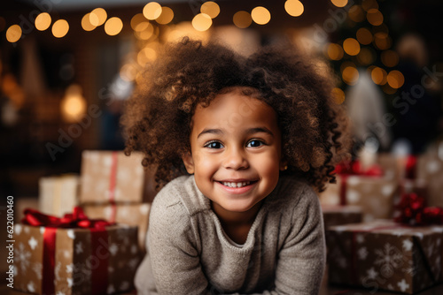 Radiant Joy. African Child radiating happiness surrounded by Christmas gifts. Pure delight and holiday excitement concept. AI Generative