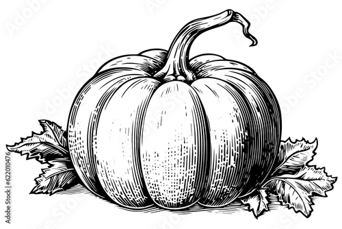 Ink sketch of pumpkin isolated on white background. Hand drawn vector illustration.