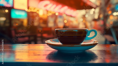 ai generative modern coffee cup with a city bokeh beautiful lights as background 