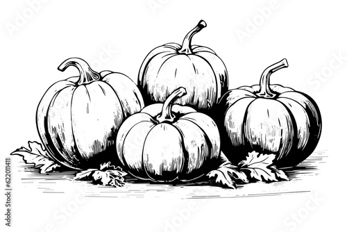 Ink sketch of pumpkin isolated on white background. Hand drawn vector illustration.