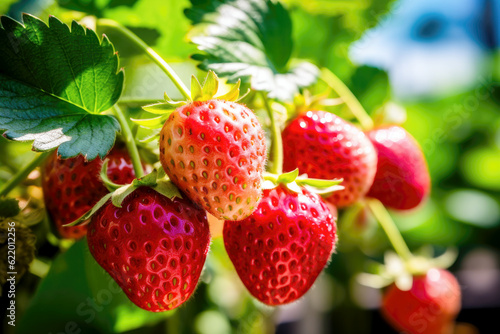 Juicy fresh ripe strawberries on a branch outdoor