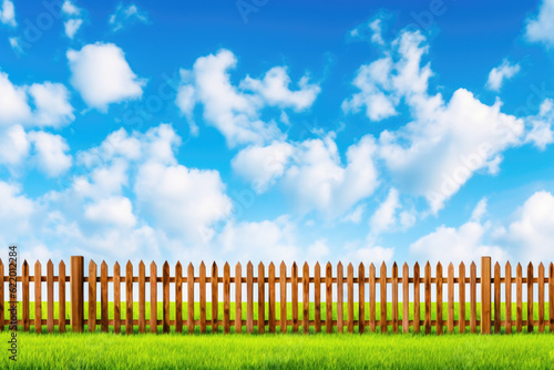 Wooden garden fence and green grass at backyard with blue sky