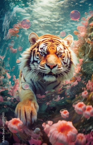 Close on a Tiger swimming through a Coral Reef, Sea Anemones, bubbles, generative ai