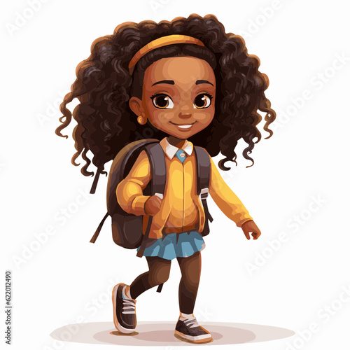 simple cartoon clipart black african american girl student child going to school white background