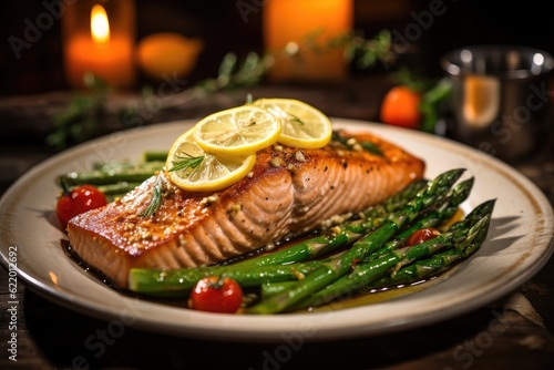 Lemon Butter Grilled Salmon, Deliciously grilled salmon fillet topped with melting lemon butter and served with steamed asparagus and cherry tomatoes, rustic wooden table, generative ai
