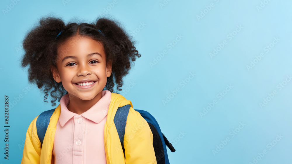 Portrait of smiling schoolgirl with school bag isolated on blue background. Back to school concept. AI Generated. Portrait of smiling schoolgirl with school bag isolated on blue background. Back to school concept. AI Generated.