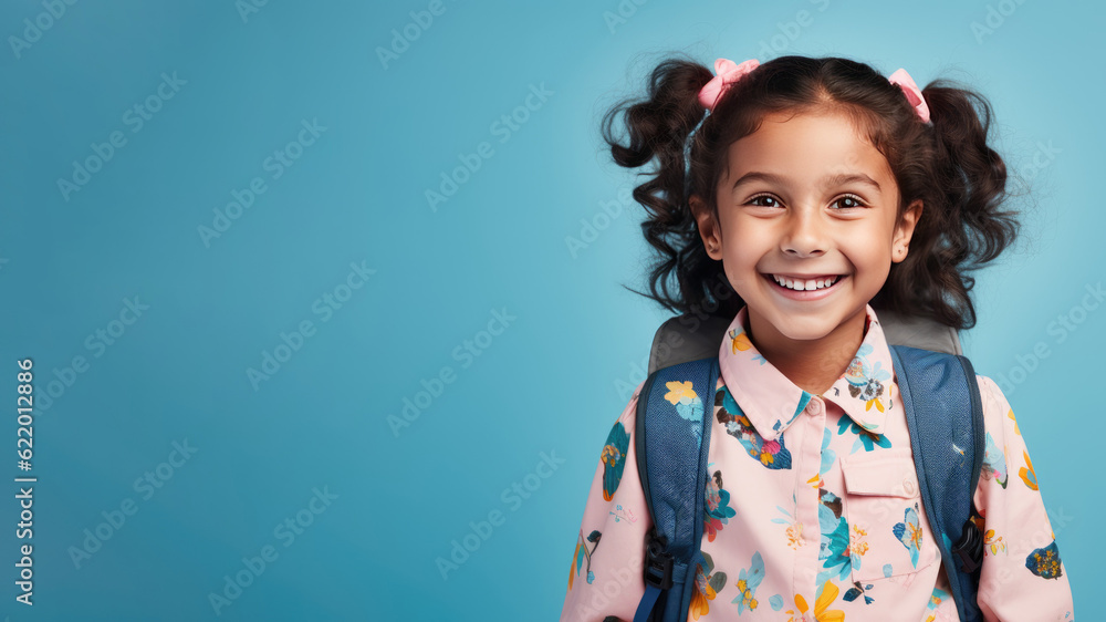 Portrait of smiling schoolgirl with school bag isolated on blue background. Back to school concept. AI Generated. Portrait of smiling schoolgirl with school bag isolated on blue background. Back to school concept. AI Generated.