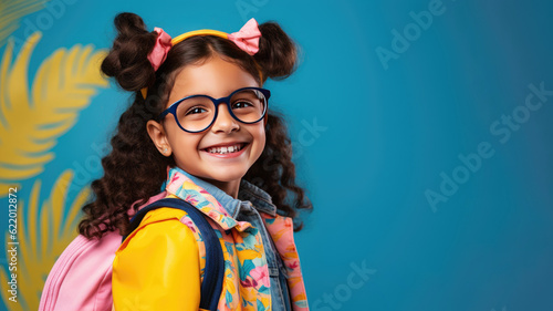 Portrait of smiling schoolgirl with school bag isolated on blue background. Back to school concept. AI Generated.