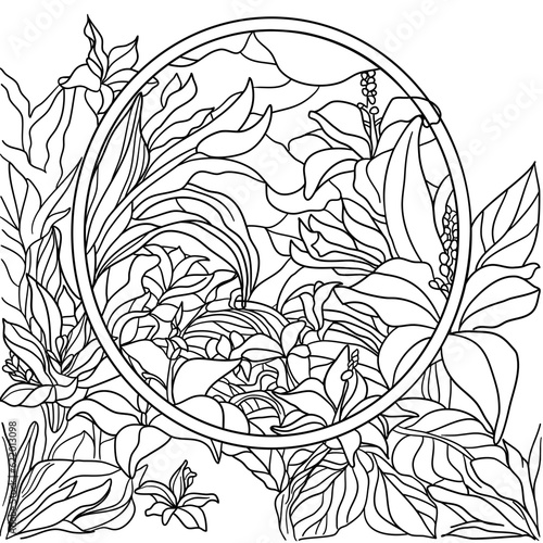 Colouring page with flowers and leaves and frame in stained glass technique vector illustration 