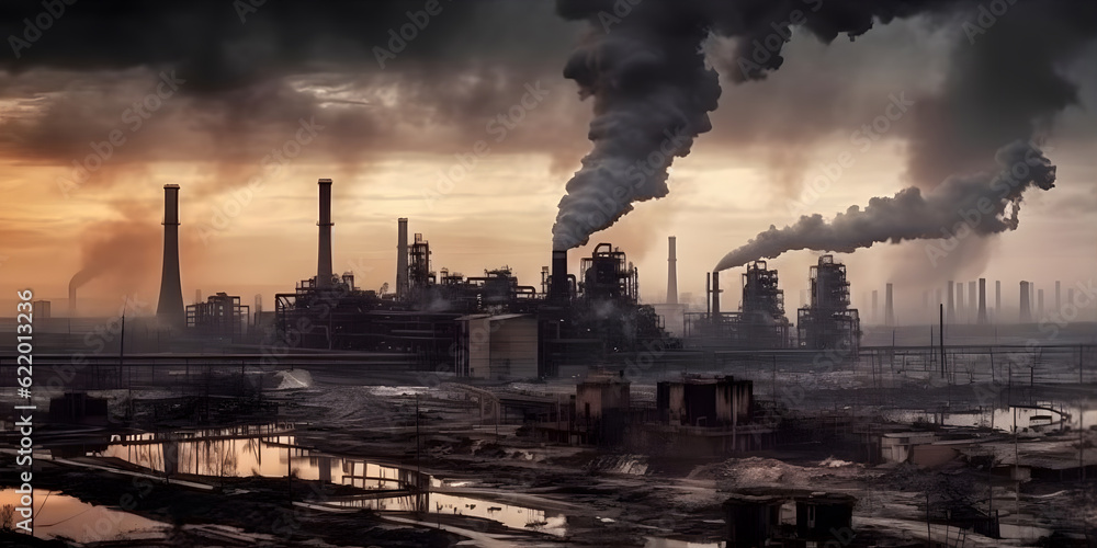 Environmental pollution, A factory emitting dark smoke into the sky, A polluted cityscape with smog and haze, An oppressive and gloomy atmosphere