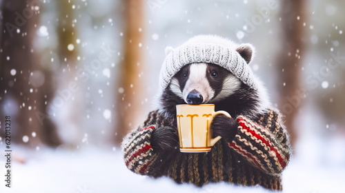 Foto A cute badger with a knitted hat and sweater drinks cocoa in the winter forest