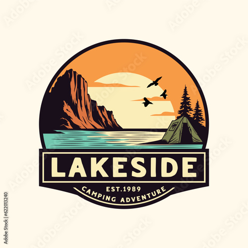 lakeside camping badge, mountain and pine trees