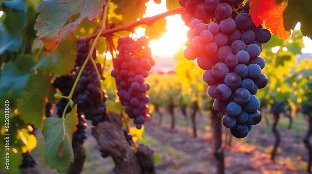 Ripe red grapes on vineyards in autumn harvest at sunset. Tuscany, Italy
