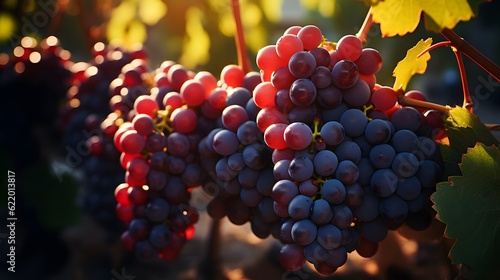 Ripe red grapes in vineyard at sunset, close-up