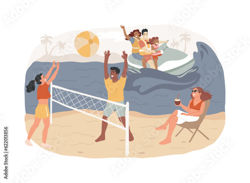 Summer beach activities isolated concept vector illustration. Beach club activities, family vacation, volleyball, jet ski rental, surfing and diving classes, lounge service vector concept.