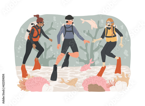 Diving school isolated concept vector illustration. Diving class, all level diver program, summer vacation activity, scuba school, water sport, open sea, underwater photography vector concept.