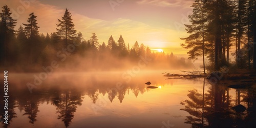 Get lost in the beauty of nature with this serene image capturing a tranquil lake at sunrise, shrouded in mist and surrounded by towering trees. Generative ai.