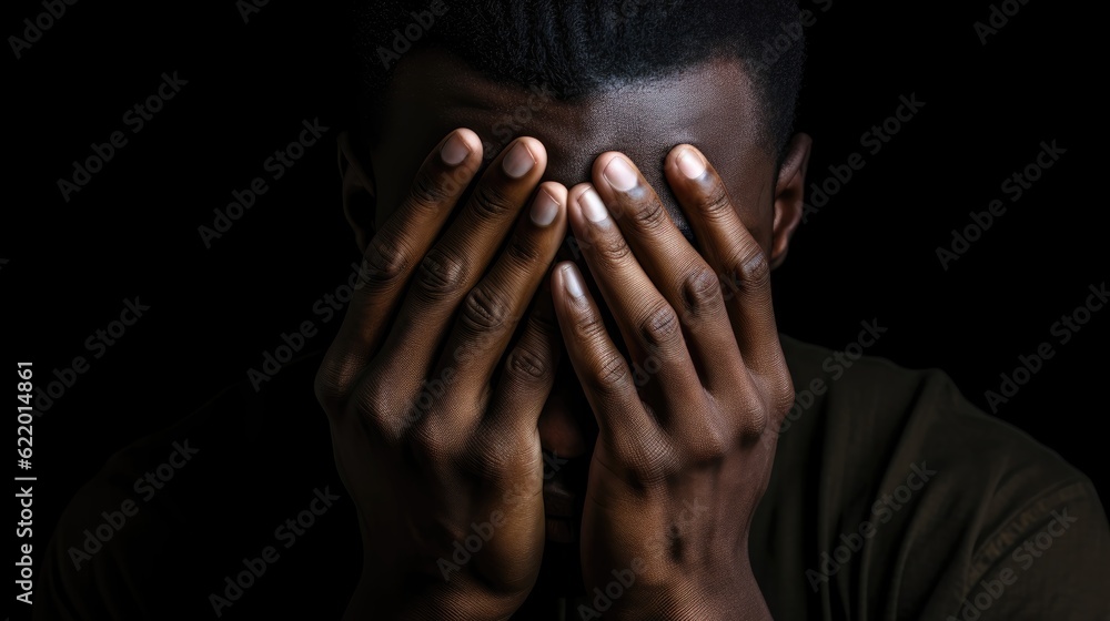African man covering his face with his hands. Generative AI African man covering his face with his hands. Generative AI