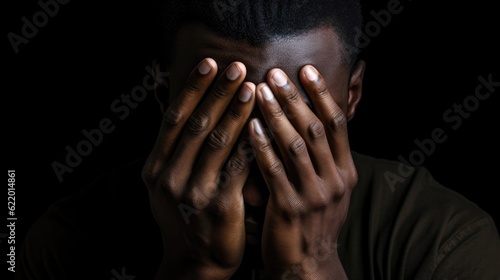 African man covering his face with his hands. Generative AI