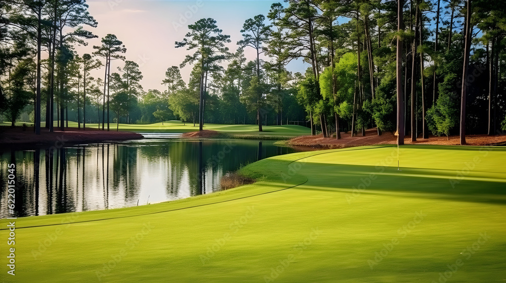 Obraz premium A serene golf course surrounded by lush greenery and tall trees. The fairways are meticulously maintained, with neatly trimmed grass.