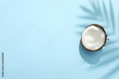 Top view ,half of a coconut in the shadow of a palm tree on a blue background, place for text