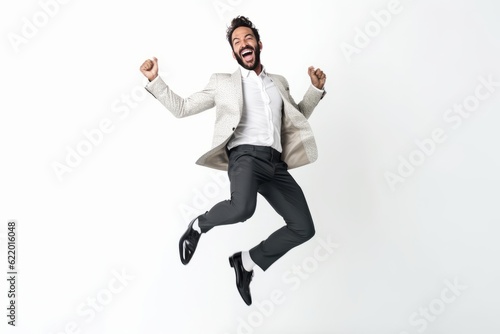 Tela Full length portrait of a happy young man jumping isolated over white background