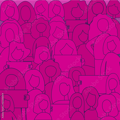 Silhouettes of crowd of people in square. Protest and strike, demonstration and revolution concept. Political protest in defense of women's rights. Vector in neon colors.