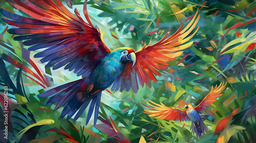 High up in the ancient rainforest canopy, a vibrant kaleidoscope of endangered tropical birds takes flight, their colorful feathers shimmering under the dappled sunlight.
