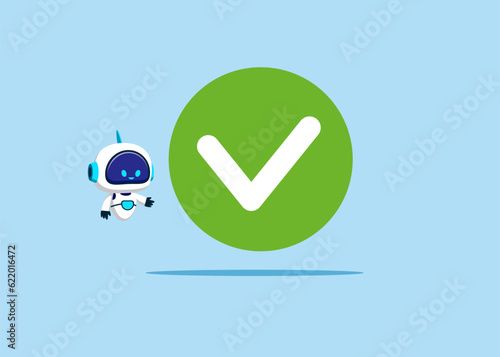 Robot  with artificial intelligence and with Accept button. Flat vector illustration