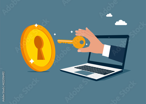 Businessman hand holding golden key to unlock coin keyhole through the computer. Open to investment opportunities. Flat vector illustration