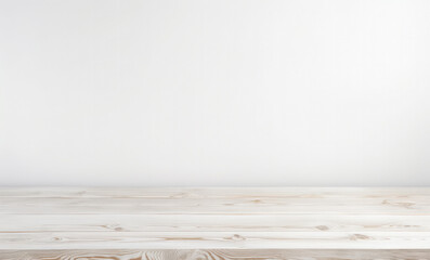 Empty wooden white table over white wall background, product display montage. High quality photo