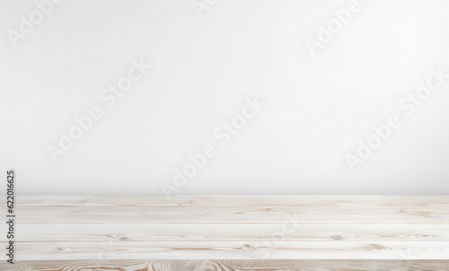 Obraz na plátně Empty wooden white table over white wall background, product display montage