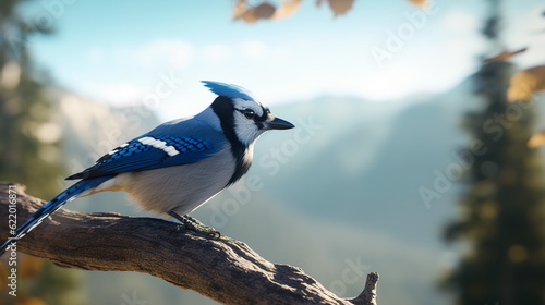 A blue jay sits on a tree branch against the backdrop of a forest landscape.Generative AI