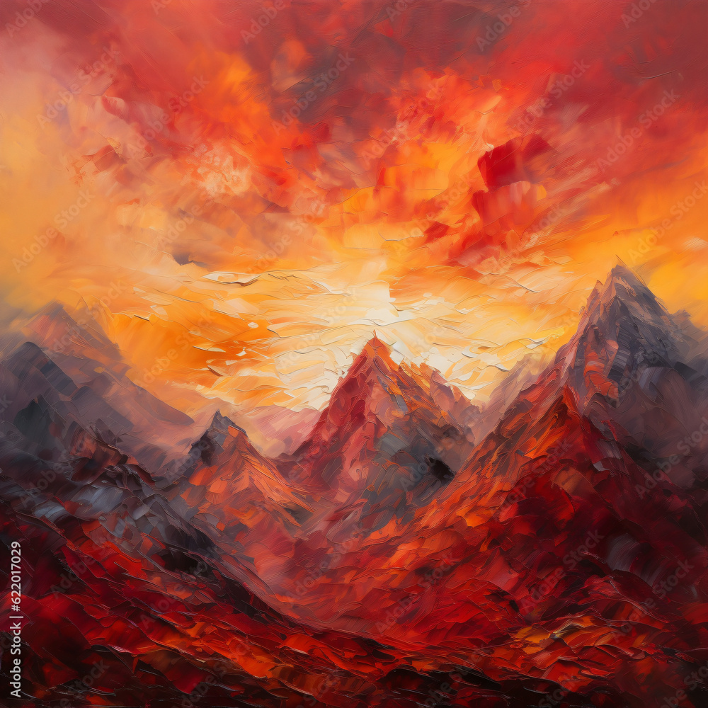 A breathtaking red and orange sunset over majestic mountains Generative Ai