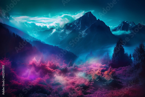 A neon pink and blue mountain landscape with trees in the foreground Generative Ai
